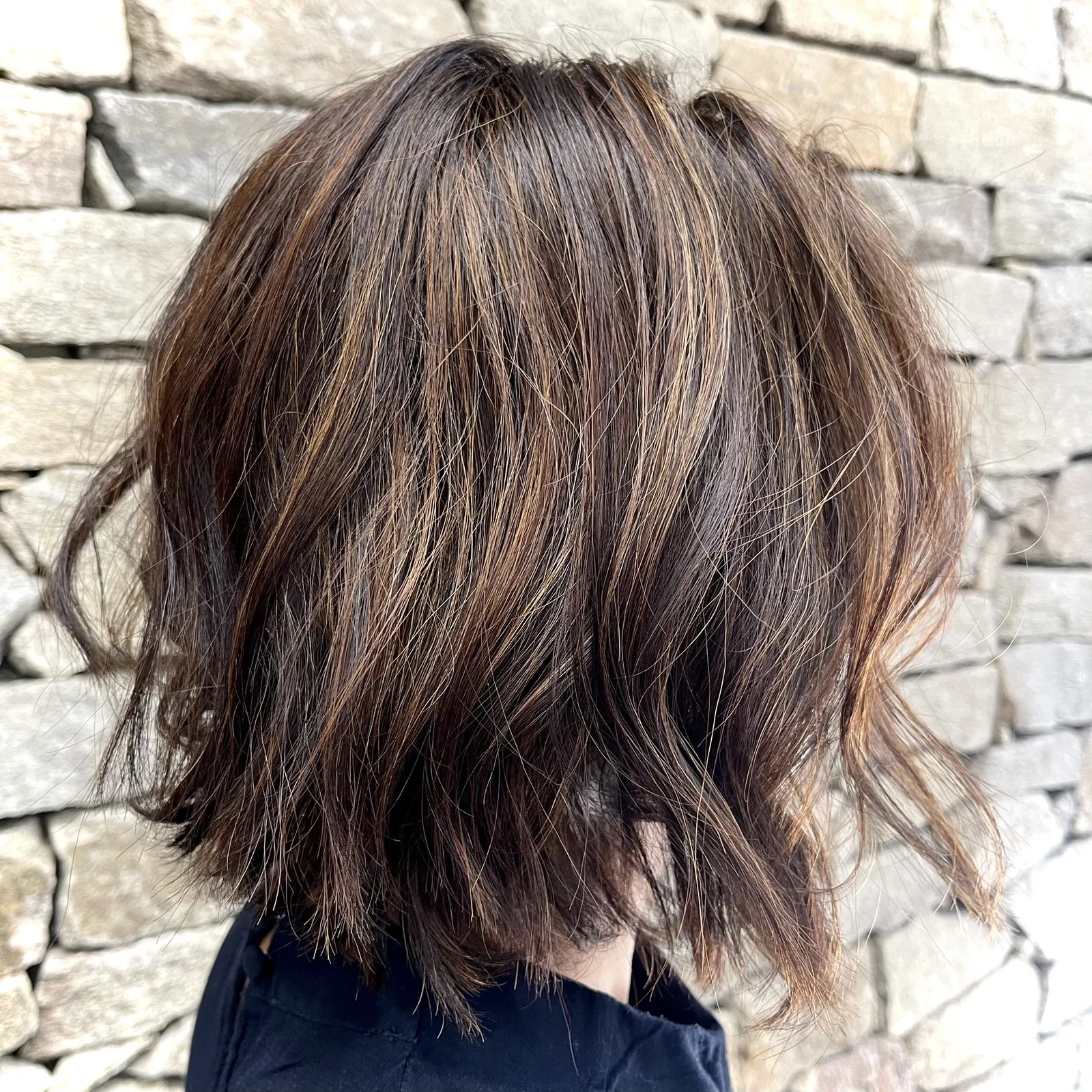 Dark brunette textured bob colour at DC Hair Lounge Baulkham Hills
