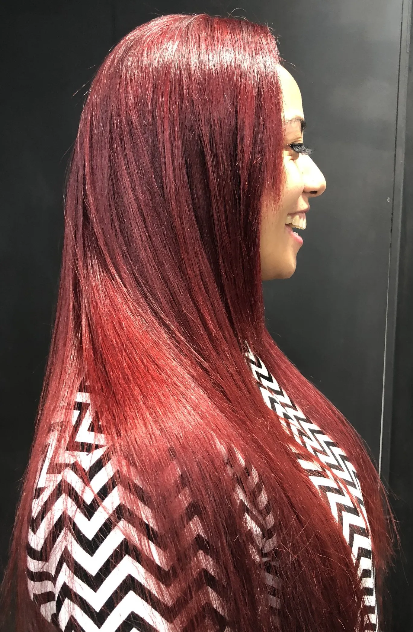 Vivid red long straight colour at DC Hair Lounge Baulkham Hills