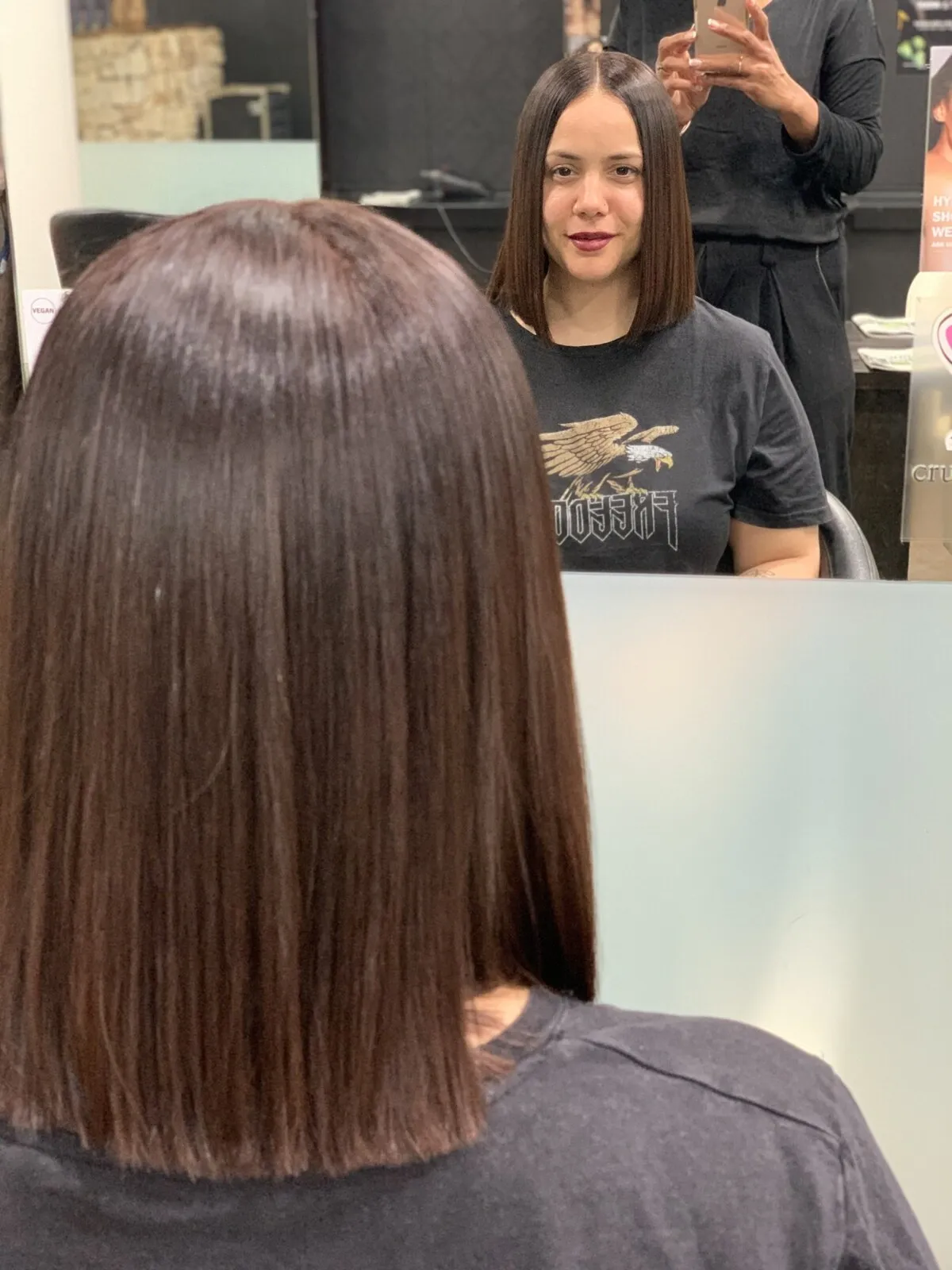 Blunt mid-length brunette cut at DC Hair Lounge Baulkham Hills