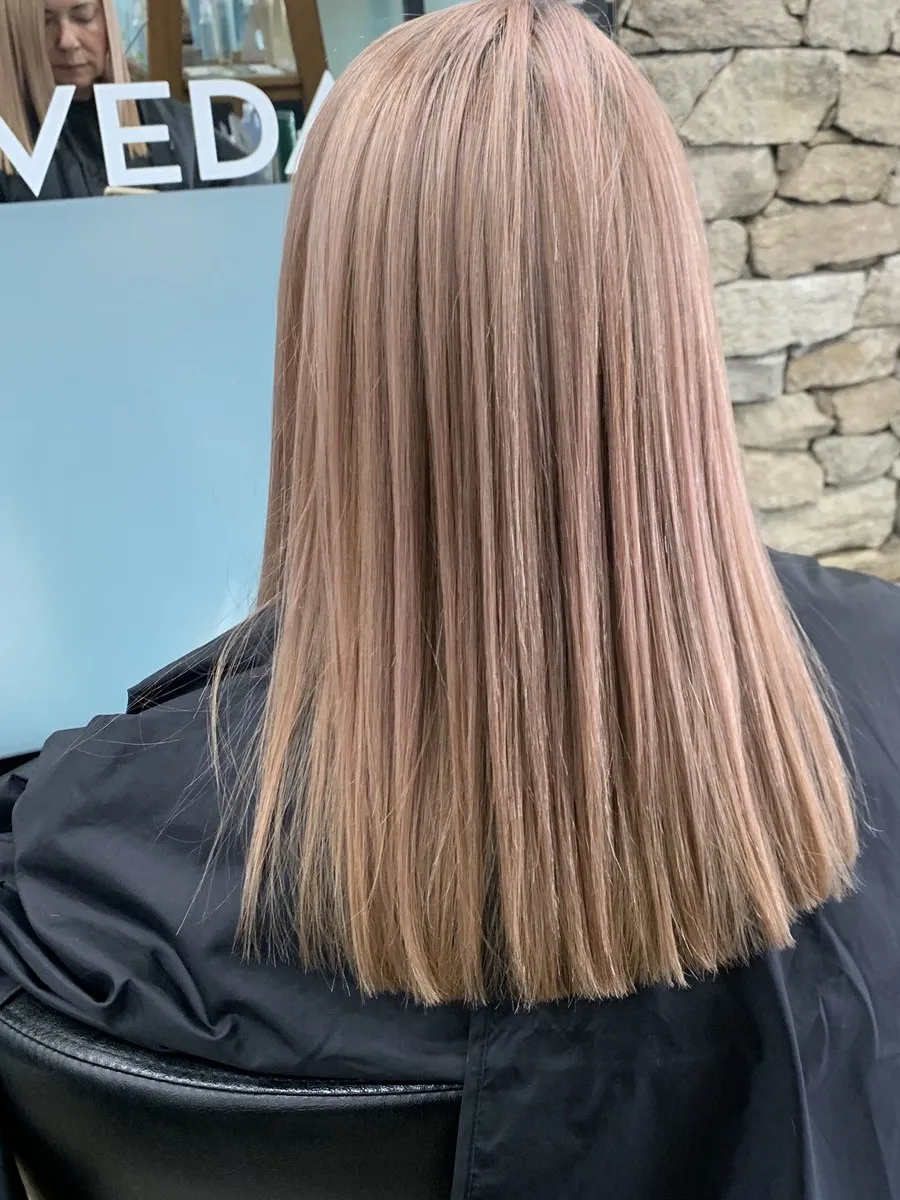 Rose gold peach blonde lob at DC Hair Lounge Baulkham Hills