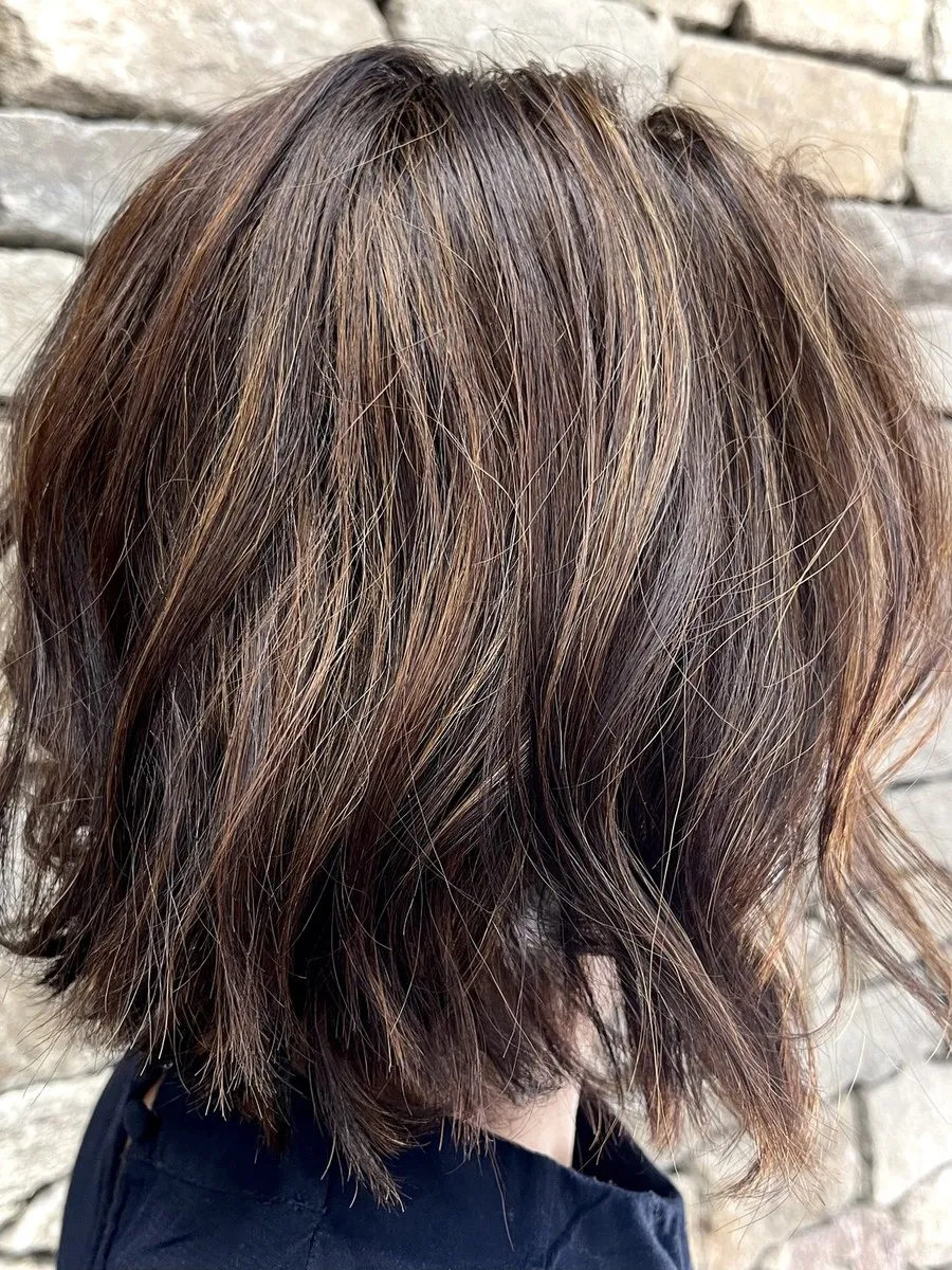 Textured brunette choppy lob at DC Hair Lounge Baulkham Hills